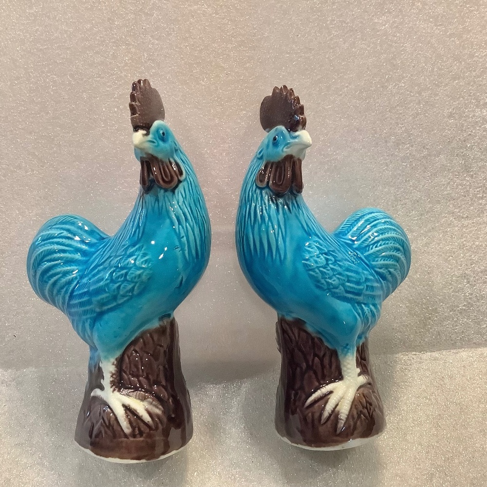 Vintage Chinese Turquoise Blue Rooster Figurines Set of 2